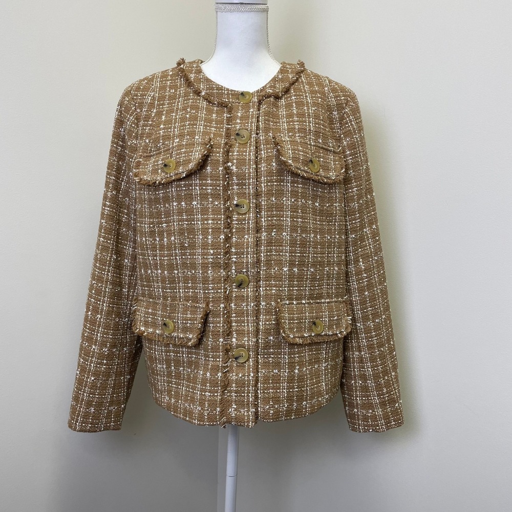NEW Talbots Tweed Fringe Trim Jacket 16 Metallic Camel Beige Plaid  Classic